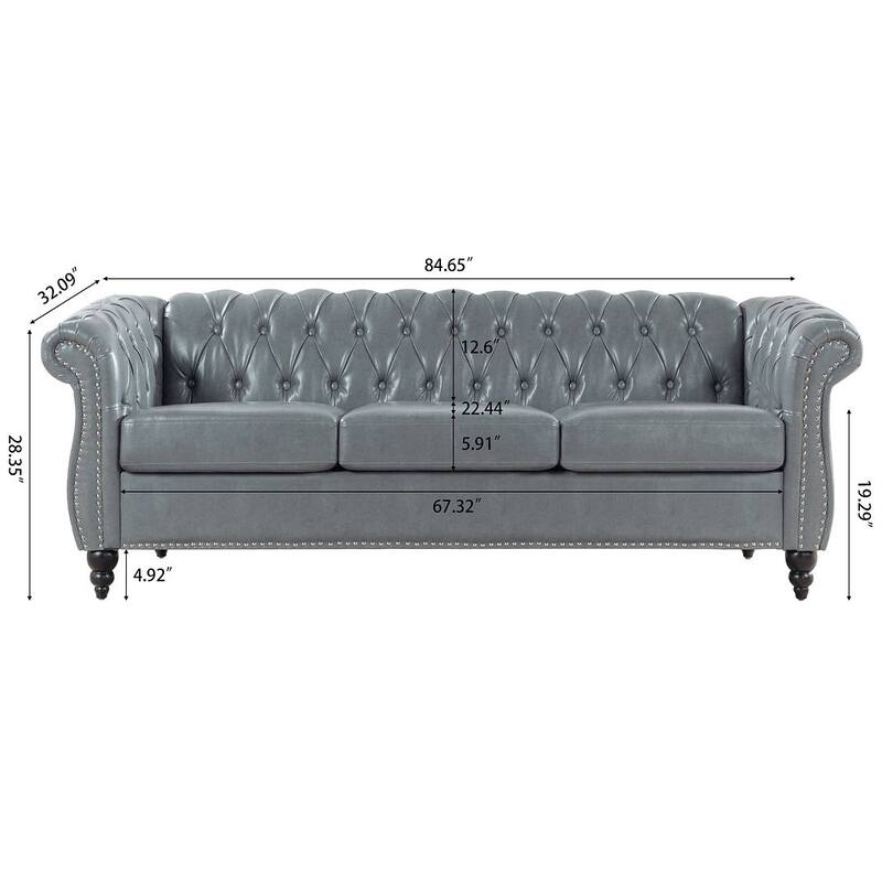 84.65" Chesterfield Tufted Faux Leather Sofa with Rolled Arms