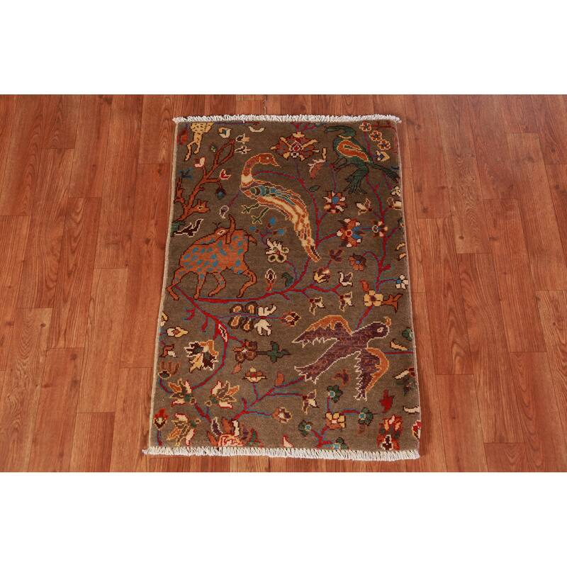 Brown Animals Kazak Oriental Accent Foyer Rug Handmade Wool Carpet - 2'0"x 3'0"