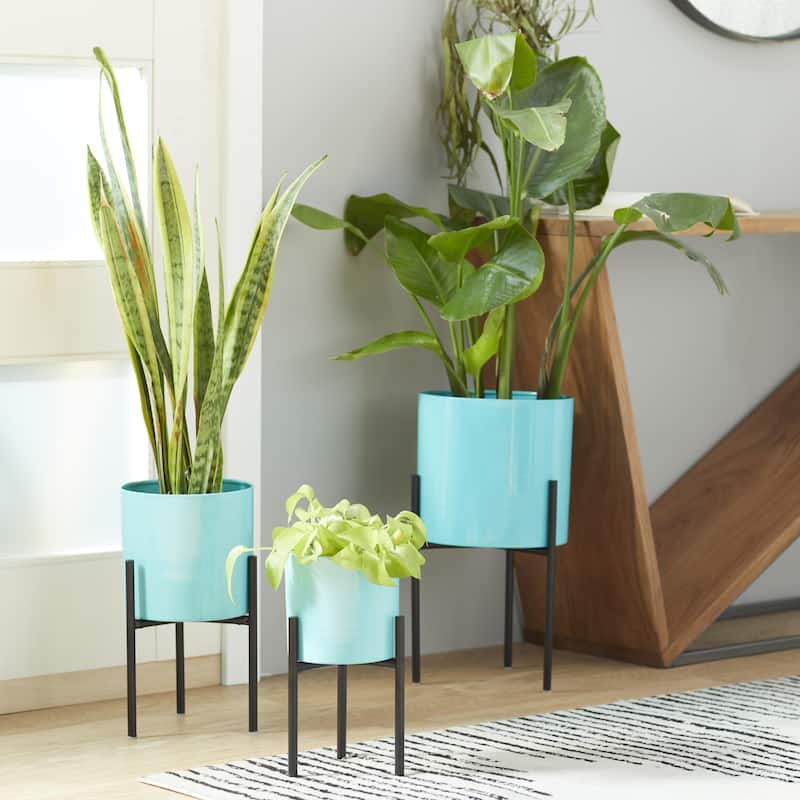 Metal Indoor Outdoor Planter with Removable Stand - Set of 3 Gold, Silver, Black, White, Teal, Yellow - Roche River Decor