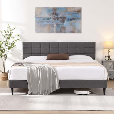 King Size Platform Bed with Fabric Upholstered Headboard and
