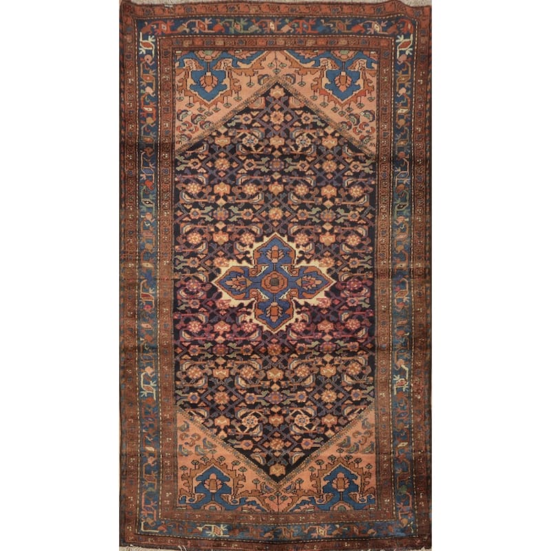 Hand Knotted Oriental 100% Wool Carpet Traditional Medallion Navy Blue & Blues Hamedan Area Rug - 6' 8'' X 3' 9''