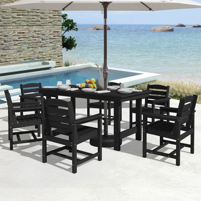 7-Piece HDPE Outdoor Dining Table Sets with Umbrella Hole - 1-Table 6-Chairs
