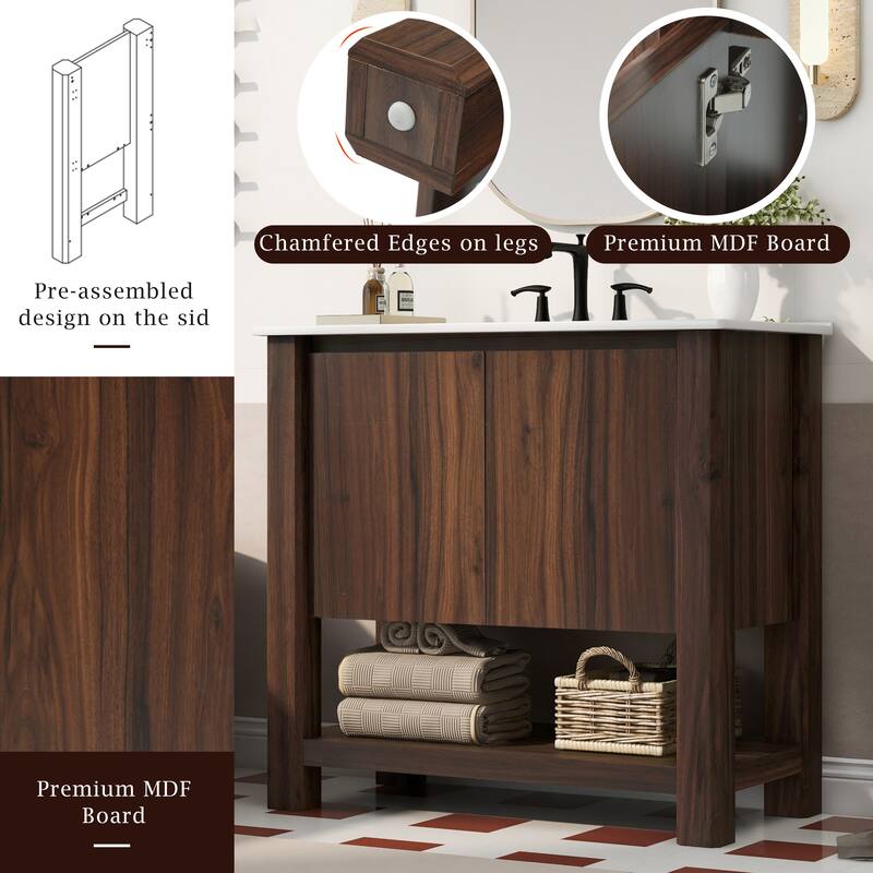 36" Bathroom Vanity with Large Cabinet, Soft-Close Doors, 45-Degree Free Handle Design & Open Bottom Shelf