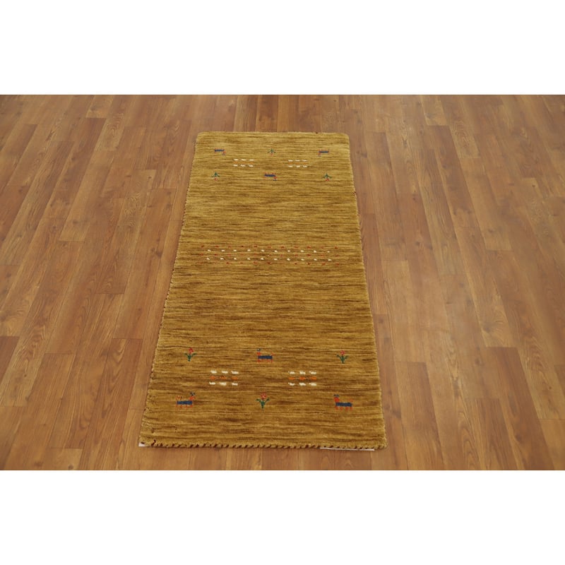 Hand Knotted Oriental 100% Wool Carpet Tribal Animal Pictorial Yellow & Gold Gabbeh Area Rug - 4' 0'' X 1' 10''