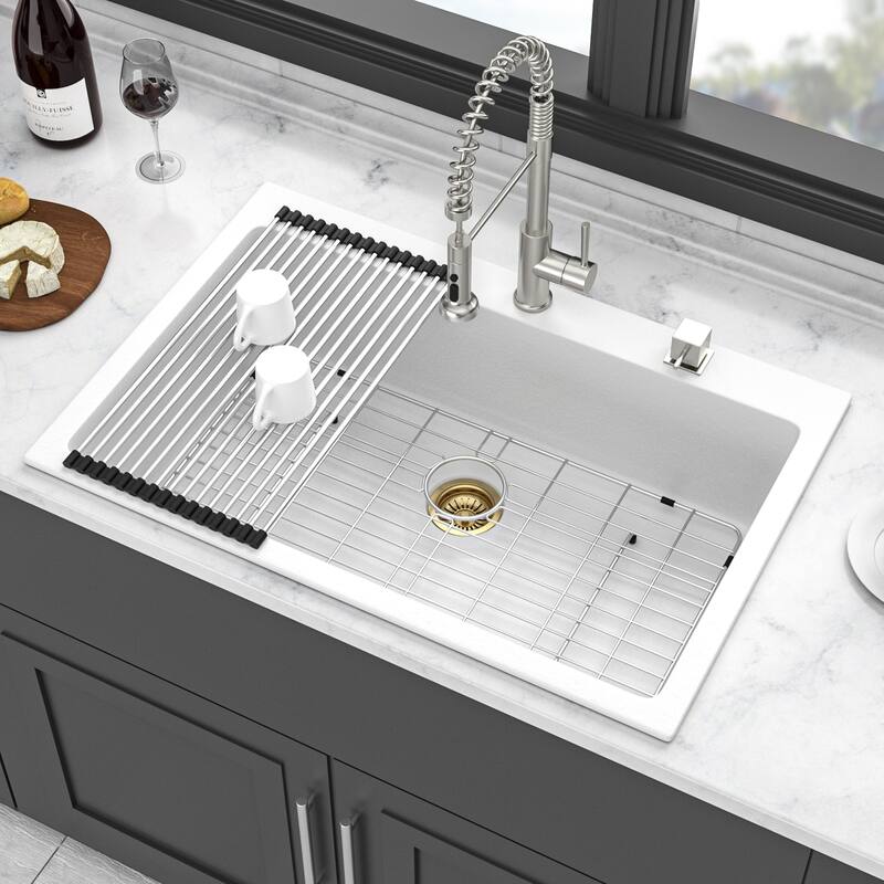 Quartz Kitchen Sink - 33" x 22" x 9.65" White granite composite Drop-in kitchen sink - White