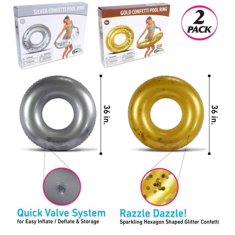 Mozlly Bundle of Silver And Gold Inflatable Pool Float Tubes Set of 2 - 37 x 37 x 9.5 inches