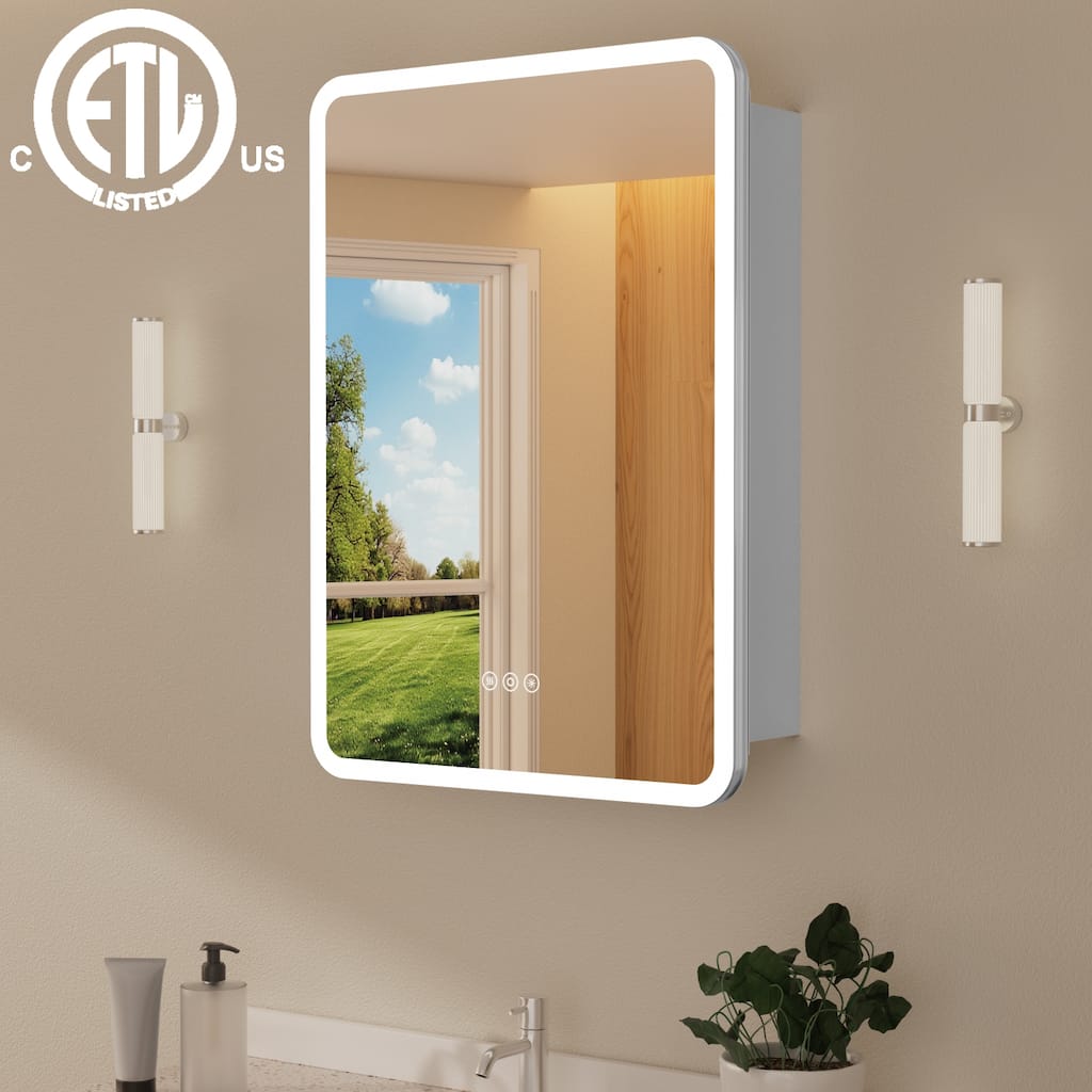 Rounded Edge LED Medicine Cabinet with Mirror, Dimmable, Anti-fog, Adjustable Shelves, Recessed or Wall Mount, ETL Certified