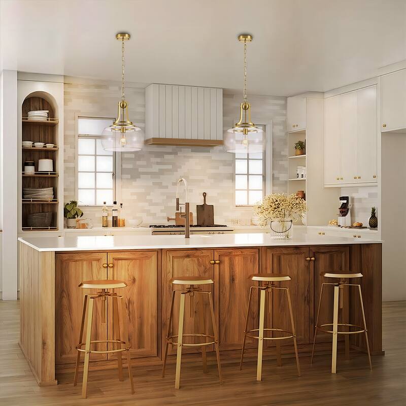 13.8" W Mid-Century Modern Rustic Gold Dome Design Ceiling Pendant with Clear Glass Shade for Dining Room, Kitchen Island, Foyer