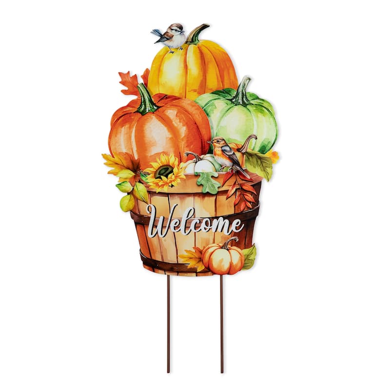 Glitzhome 30"H Fall Metal Wheelbarrow Pumpkin Welcome Barrel Yard Stake Thanksgiving Decor