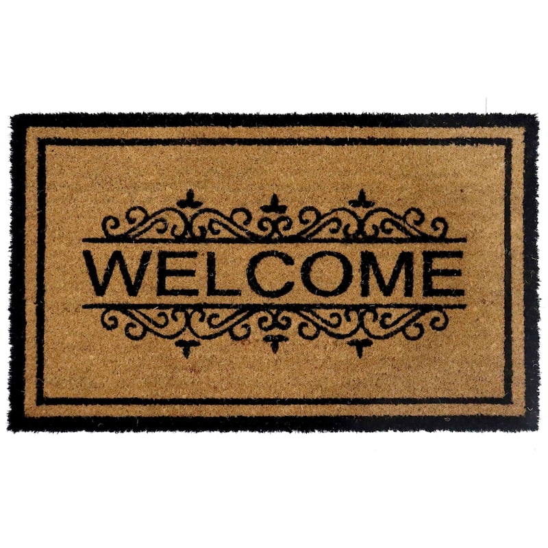Gardenised Heavy Duty Coco Coir Doormat Non Slip PVC Baking Embossed Welcome Design Natural Coconut Fiber Floor Mat 18x30" - Floral Welcome