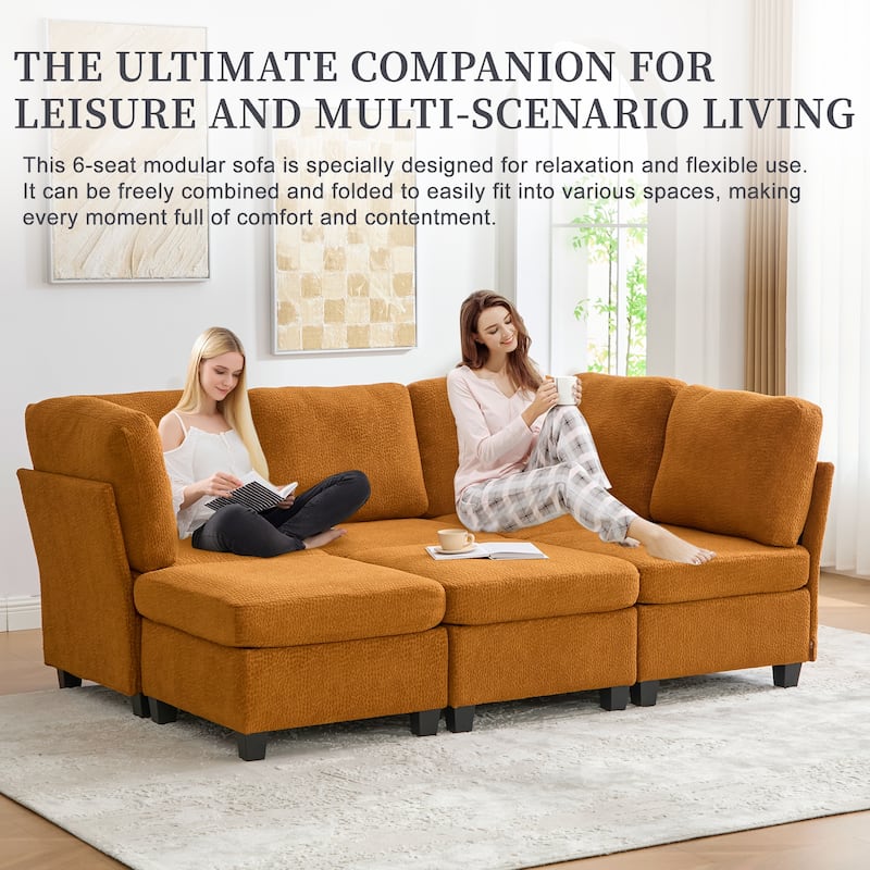 HOMEFUN 6-Seat Polyester Upholstered U-Shaped Modular Storage Sleeper Sectional Sofa with Storage Ottoman