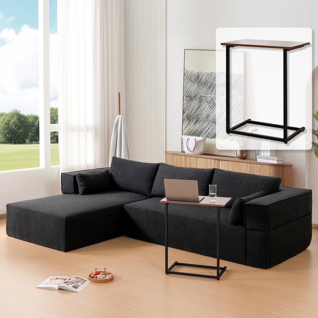 112" Black Boucle 4-Seater Sofa, Free Side Table & 2 Pillows, No Assembly, Fully Compressed