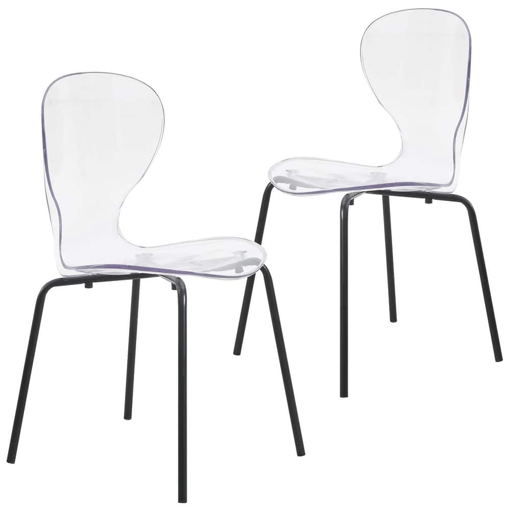 Oyster Set of 2 Modern Stackable Plastic Rounded Seat Accent Dining Chair with Black Metal Legs for Home Kitchen or Offices