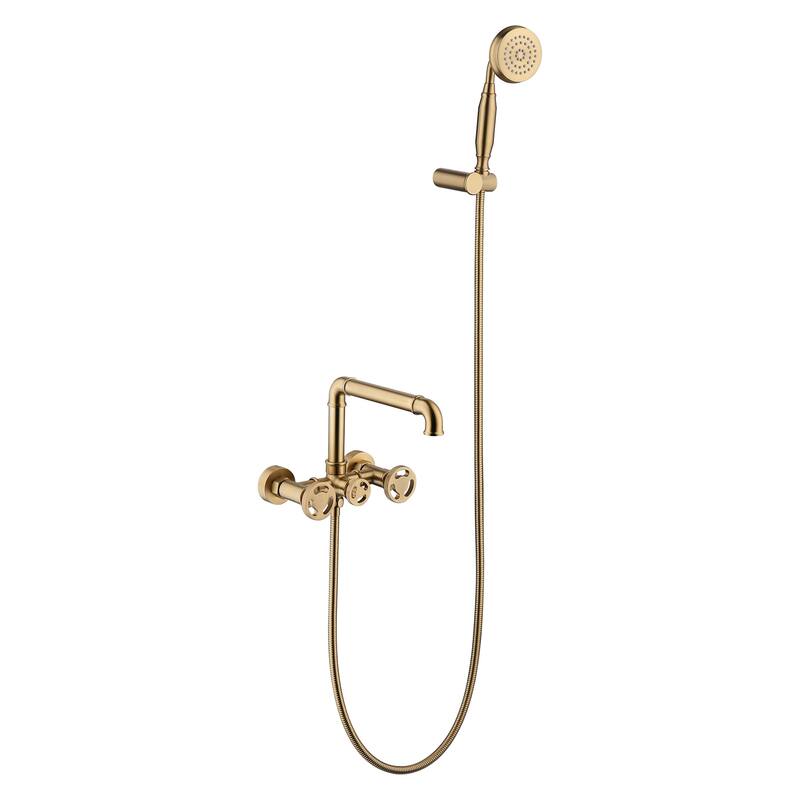 Modland Double Handle Wall-Mounted Bathtub Faucet with Handheld Shower in Black/Gold - Brushed Gold