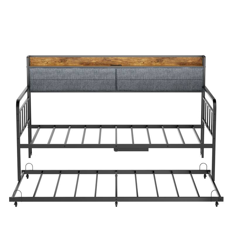 Modern Twin Size Daybed with Trundle,Upholstered Storage Headboard