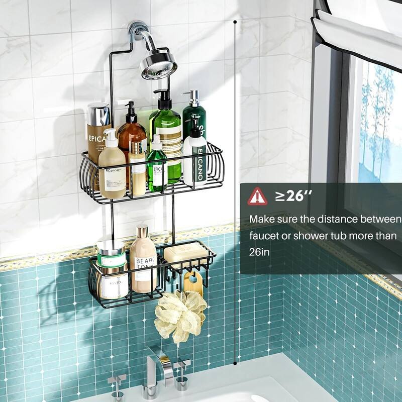 Shower Caddy Hanging, Anti-Swing Over Head Shower Caddy Rustproof with hooks for Towels, Sponge and more