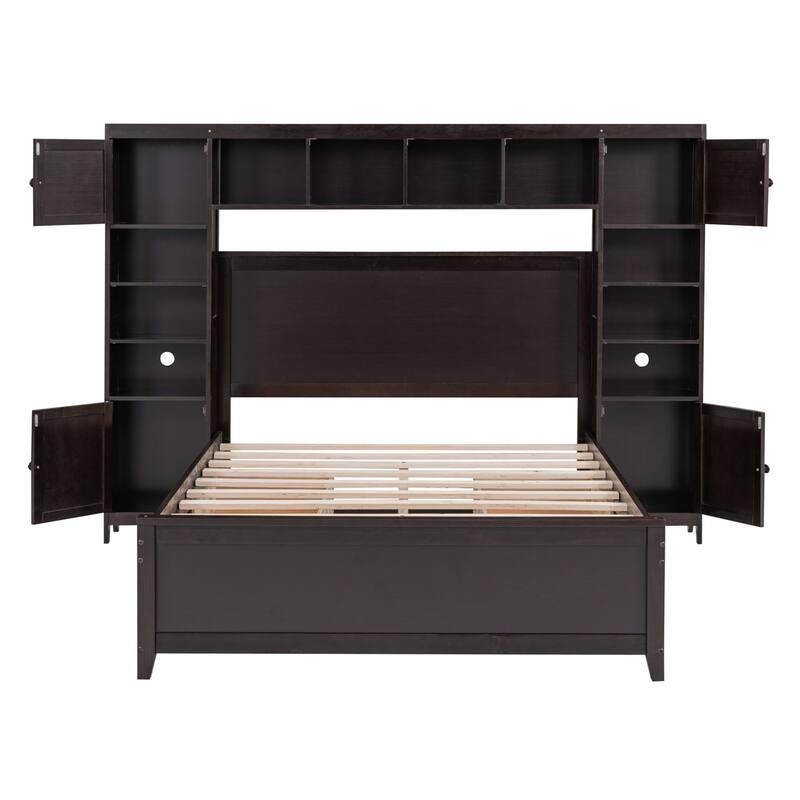 Wooden Bed with Integrated Cabinet and Shelves