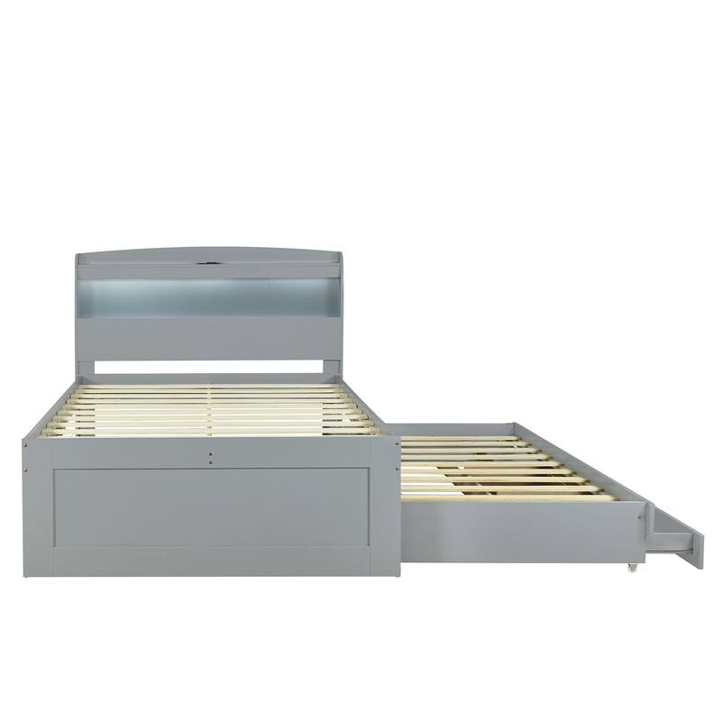 Full XL Size Platform Bed with Storage LED Headboard, Charging Station, Twin Size Trundle, and 2 Drawers
