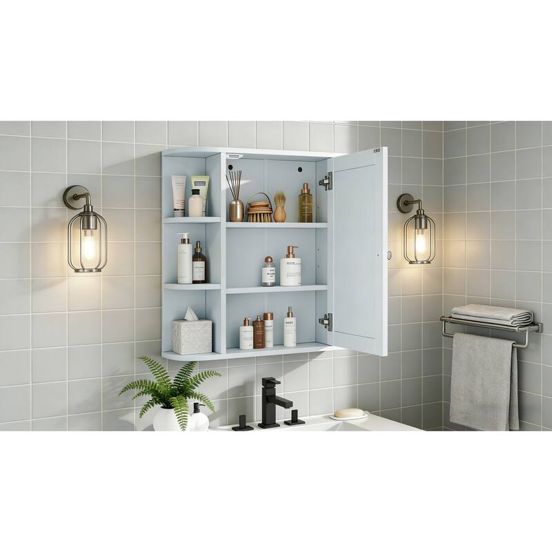 Bathroom Wall Storage Cabinet with Mirror, with Adjustable Wood Shelf & Doors, Mounted Storage Cabinets with 6 Open Shelves