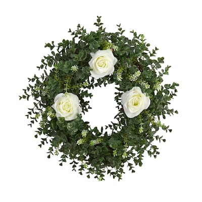 18" Eucalyptus and Rose Double Ring Artificial Wreath with Twig Base