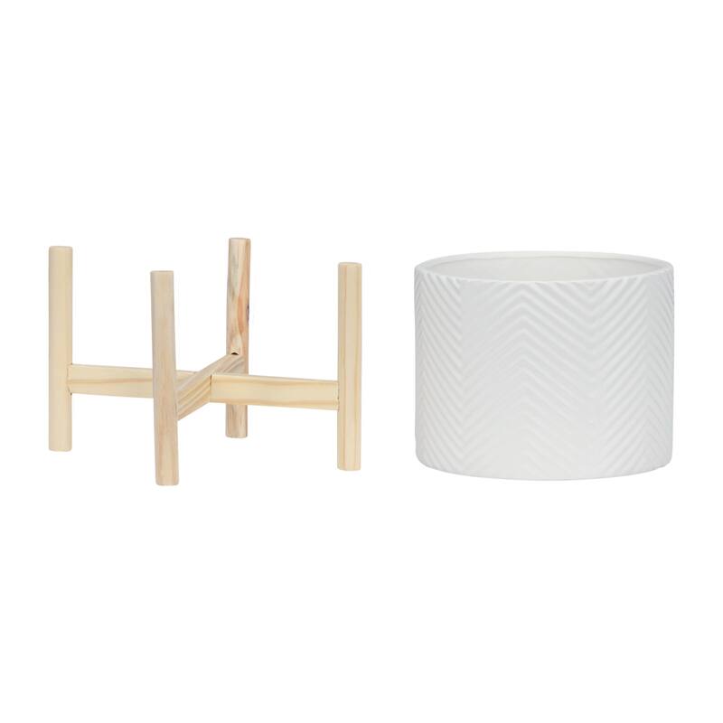 Ceramic Planter Trendy White Planter Elevated on Wooden Stand with Chevron Design For Indoor or Outdoor Plants