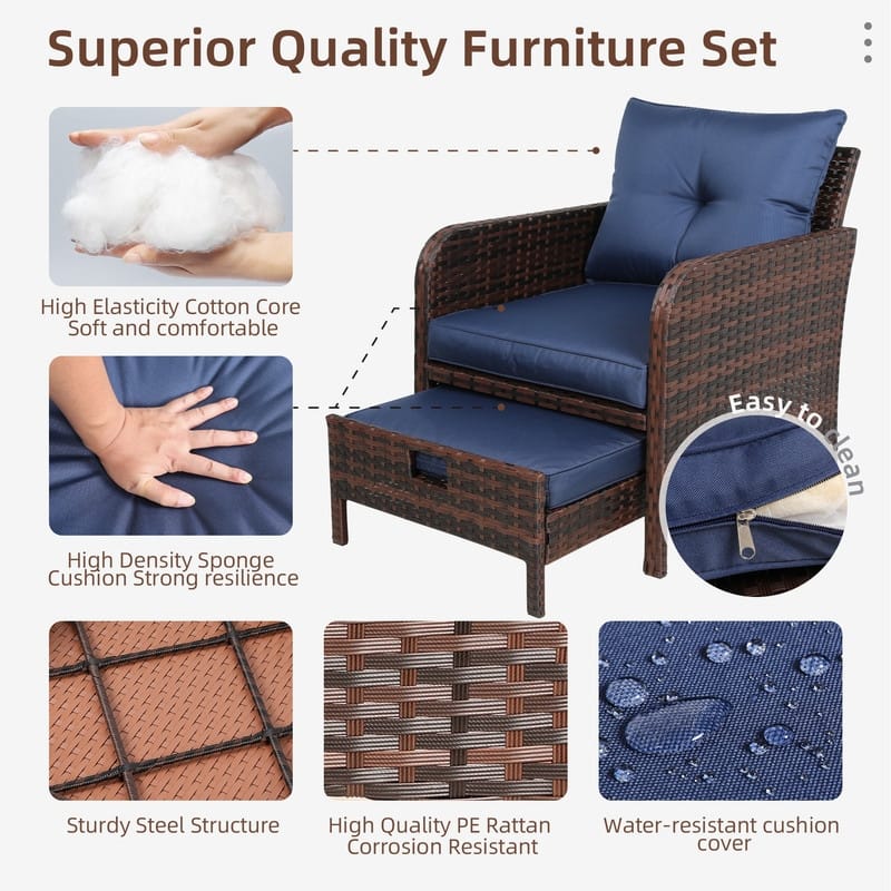 Patio Watcher 5 Piece Outdoor Seating Group with Cushions Brown Wicker Patio Conversation Set with Ottoman