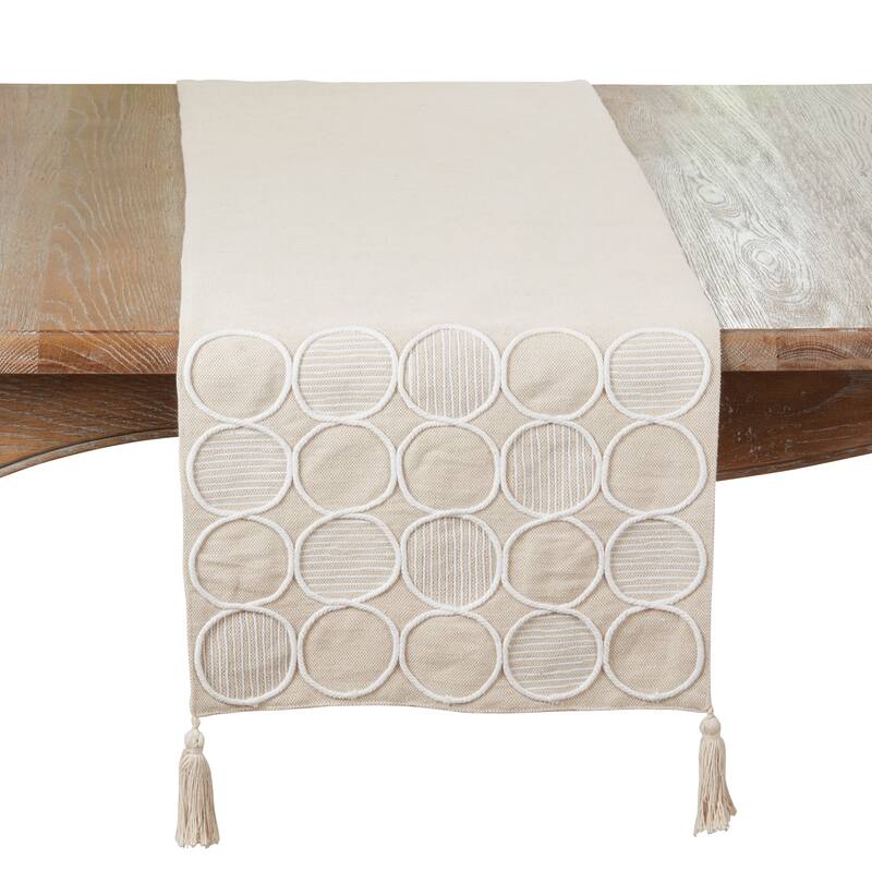 Geometric Circle Embroidered Cotton Table Runner - Decorative Non-Reversible Table Runner for Dining Table, 16"x72" - 16"x72" - Natural