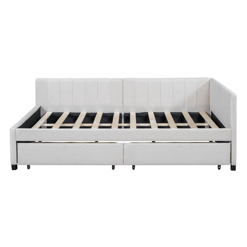 L-Shaped Backrest Daybed Upholstered Daybed Frame Classic Wood Slats Design with 2 Storage Drawers or Trundle, Full Size