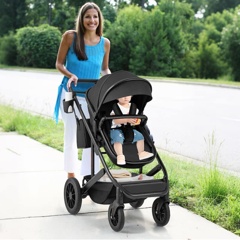 Aluminum 3-in-1 Kids Stroller with Reversible Seat, Bassinet & Adjustable Handle - 38" L x 23" W x 41" H - Black