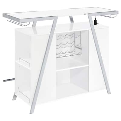 Leo 52 Inch Wine Bar Cabinet with Storage, Shelves, White, Chrome Steel