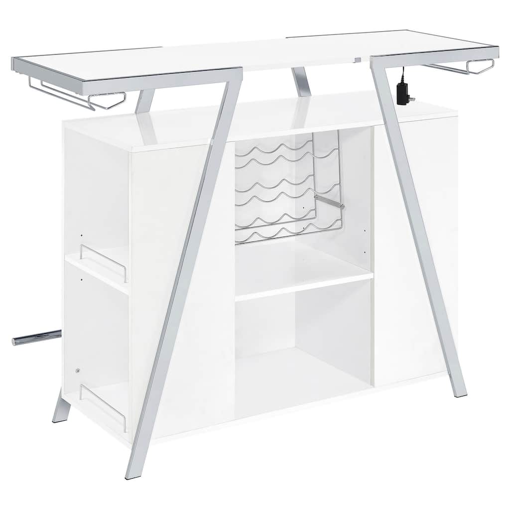 Leo 52 Inch Wine Bar Cabinet with Storage, Shelves, White, Chrome Steel