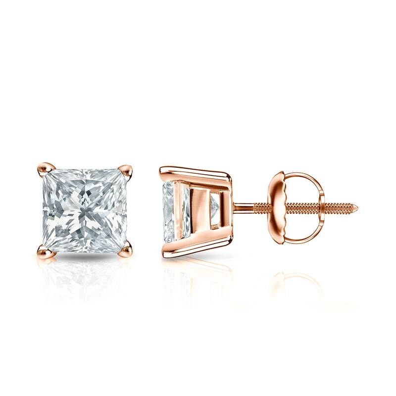 Auriya 14-karat Gold Lab Grown 1.25 carat TDW Princess Diamond Stud Earrings 4-Prong Basket Screw-back - Rose