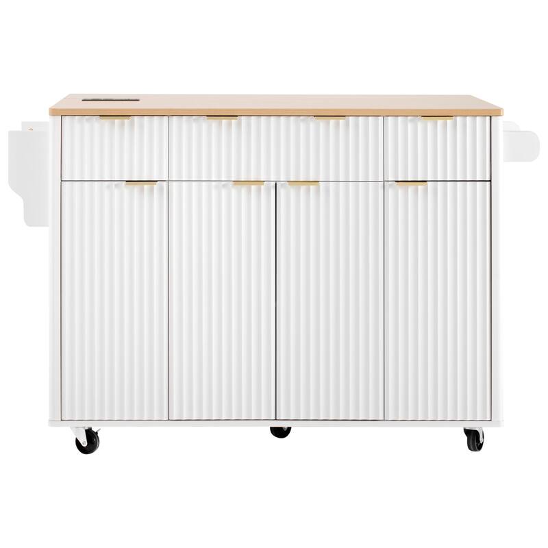 55.5"Fluted Kitchen Island with Storage,with Drop Leaf, Power Outlet, 4 Doors and 3 Drawers, Rolling Island with Wood-grain Top