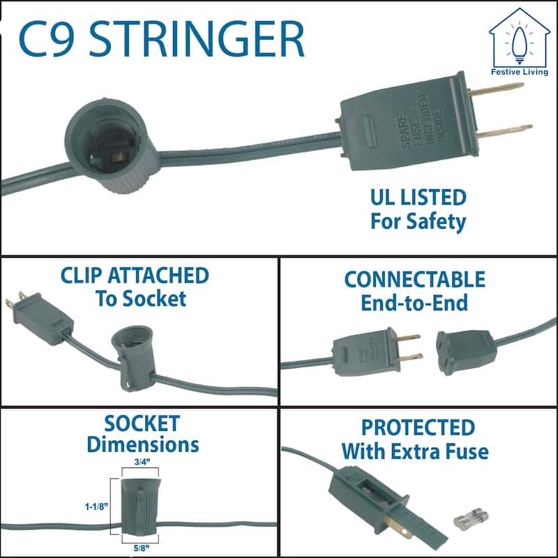 25 Foot C9 Outdoor Patio Christmas Stringer, C9/E17 Base, 12" Space, Green Wire