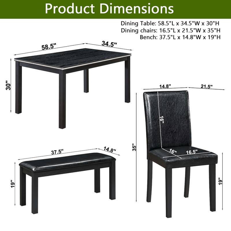 Wooden Dining Rectangular Table with Bench, Kitchen Table with Bench for Small Space, 6 Person Dining Table