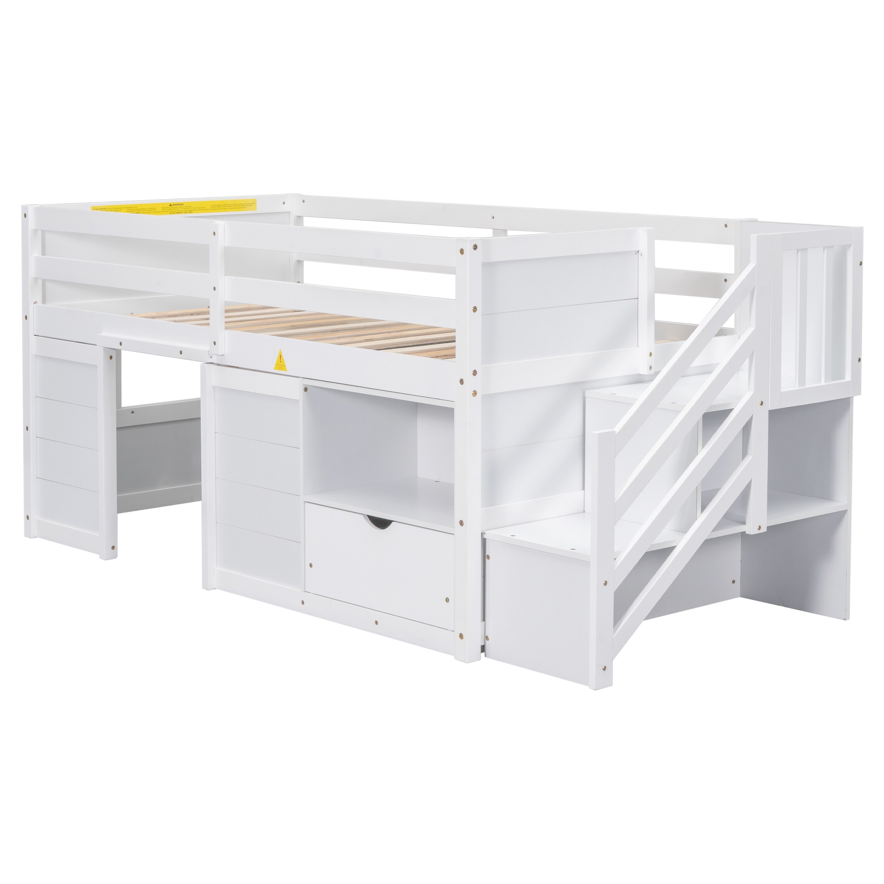 White Low Loft Bed with Stairs Twin Storage Loft Bed Frame w Drawers and Shelves Kids Loft Bed with Stairs for Boys Girls