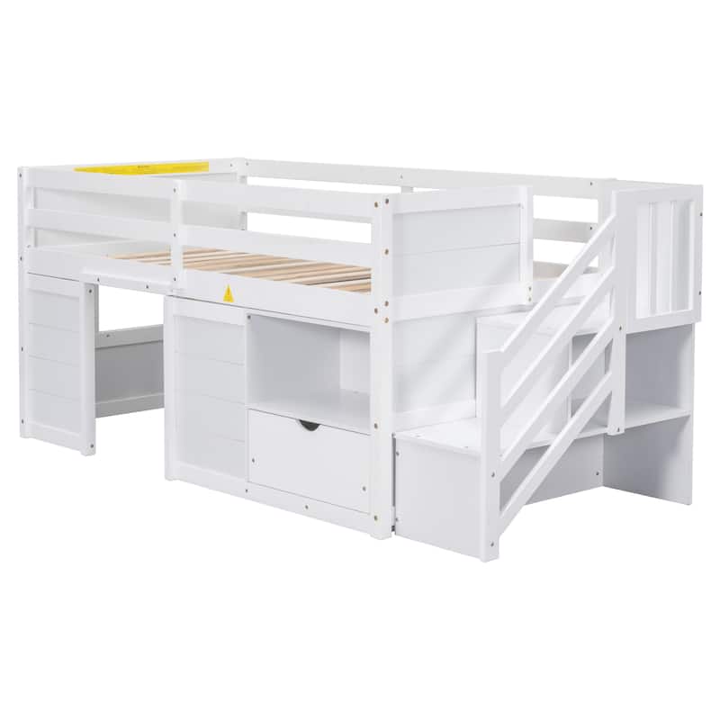 White Twin Solid Wood Low Loft Bed with Stair & Drawer
