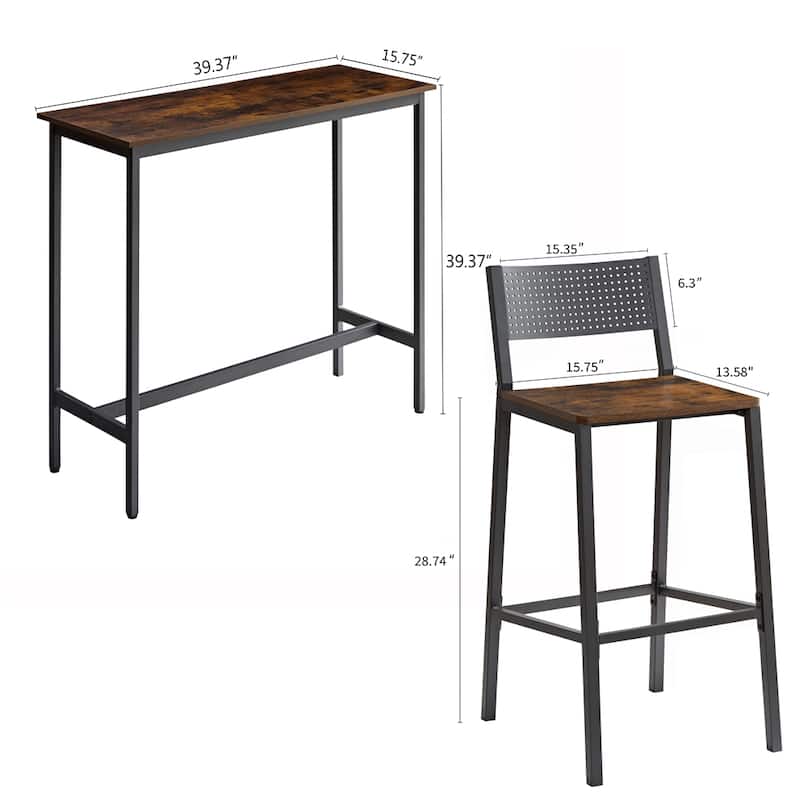3 Piece Industrial Dining Set , Bar Stool with Backrest,Iron Wood Structure
