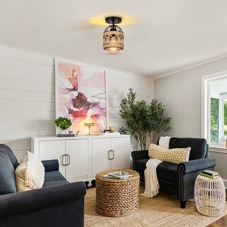 Farmhouse light bulb glass metal rattan dining Room black ceiling light - N/A