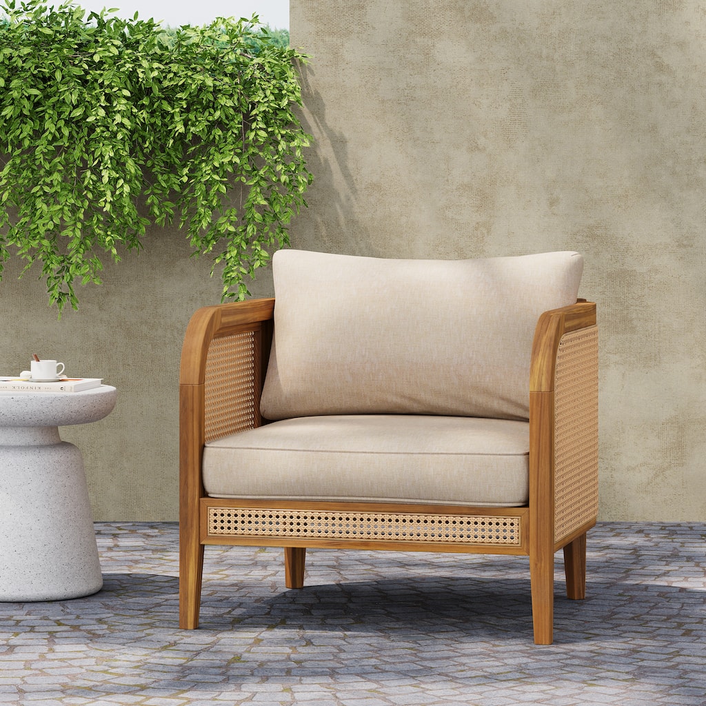 Roomfitters Kirkby Outdoor Acacia Wood Arm Chair with Wicker Back and Cushion, Teak Finish and Beige