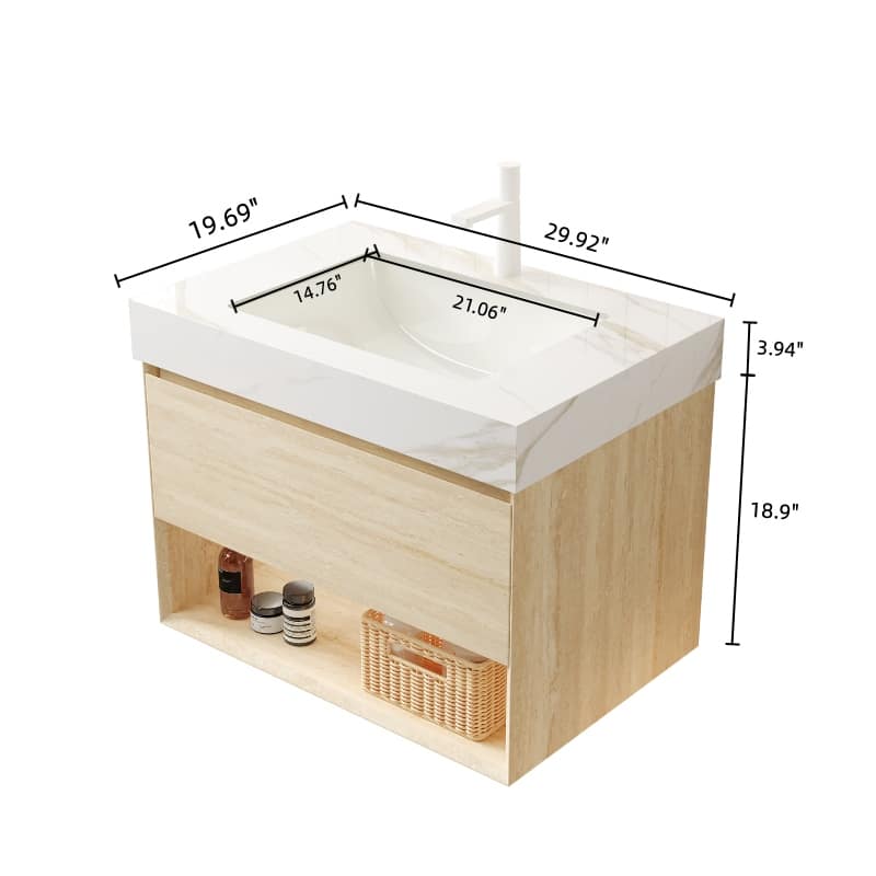 GDFStudio - Frigga Modern Floating Beveled Edge Bathroom Vanity with Sensor Light & Calacatta Gold Sintered Stone Top