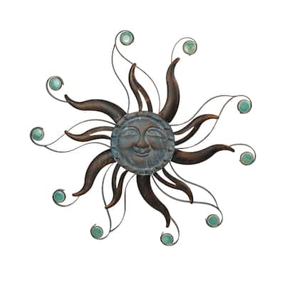 Zeckos Copper Metal Sun Face Wall Hanging Ceramic Bead Accents