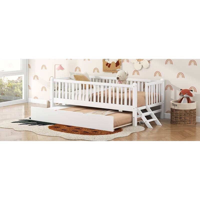 Roomfitters Twin Wood Platform Bed with Semi-Enclosed Guardrail and Trundle