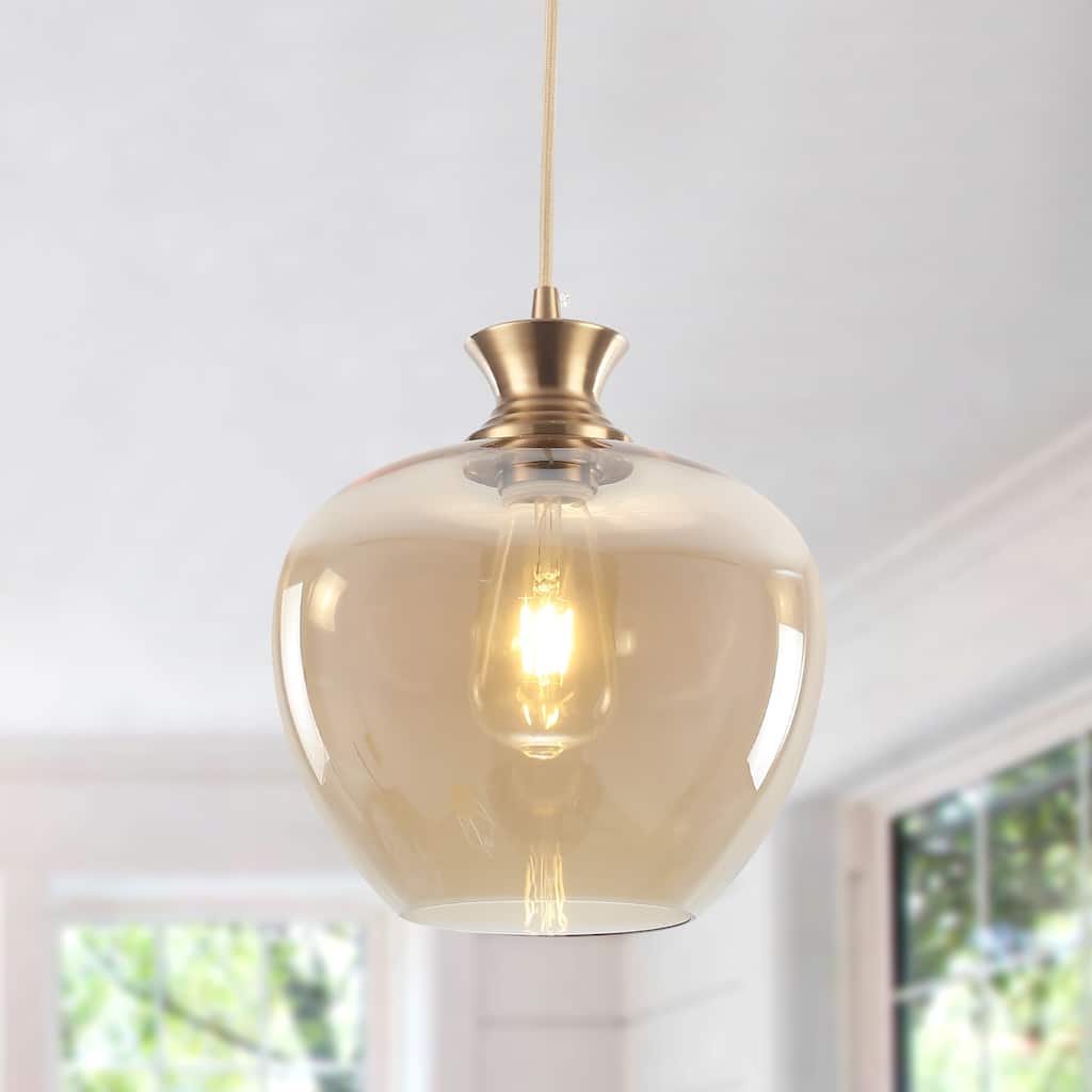 1 - Light Modern Gold Single Pendant with a Amber Glass Shade - Brass