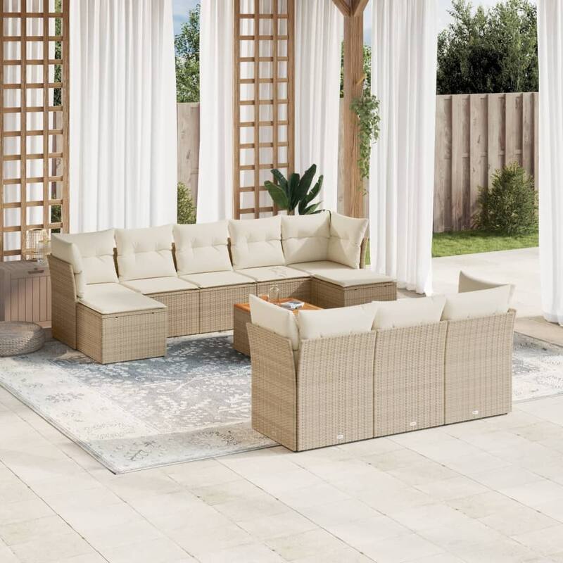 vidaXL Patio Sofa Set with Cushions Outdoor Furniture 11 Piece Poly Rattan - 24.4 x 24.4 x 27.2 - Beige and Cream