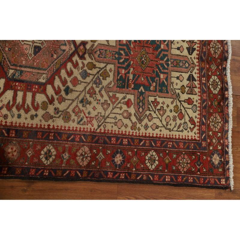 Hand Knotted Oriental 100% Wool Carpet Traditional Geometric Beige & Ivories Heriz Runner Rug - 10' 7'' X 3' 3''