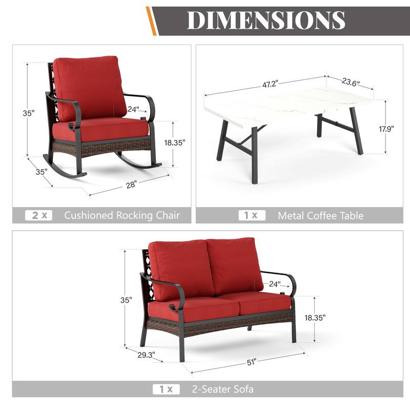MAISON ARTS 4-Seat Patio Conversation Sets with 2 Rocking Sofa Chairs, 1 Loveseat Sofa and 1 Coffee Table