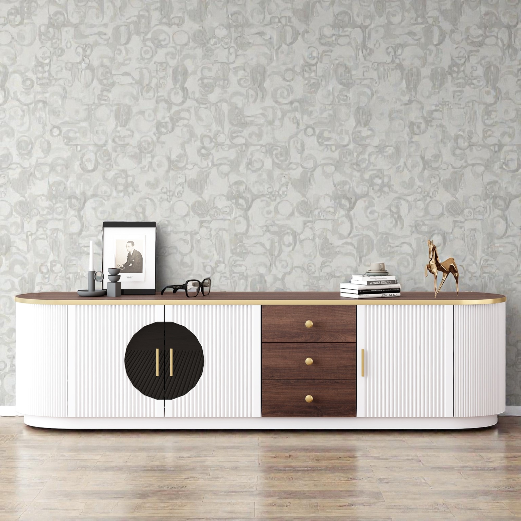 70.8 Inch TV Stand for TVs up to 80 Inches, Media Console with 3 Drawers, 2 Cabinets, Storage Cabinet, Shelf and Metal Handles