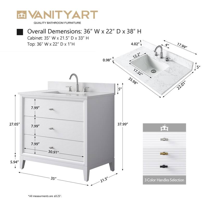 Vanity Art 36" Freestanding Bathroom Vanity with Engineered Marble Top and Sink