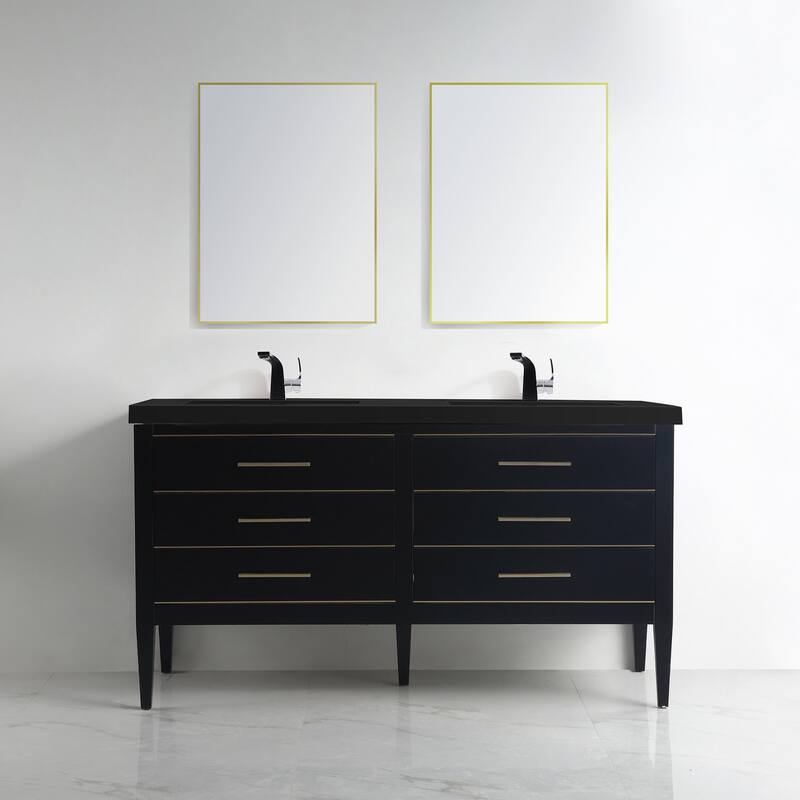 Ayer 60" Double Bathroom Vanity Set - Black-Brass Trim